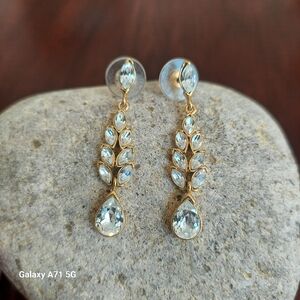 Monet Goldtone & Crystal Pierced Dangle Earrings Costume Jewelry